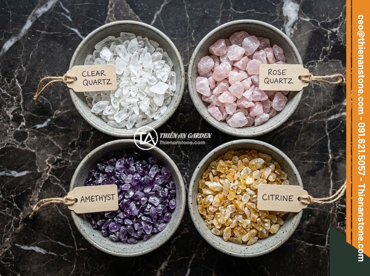 Mua Đá Thạch Anh Vụn Ở Hà Nội Uy Tín - Địa Chỉ Và Giá Tốt Nhất 2026 - Flat lay photography of four different types of crushed quartz stones arranged i