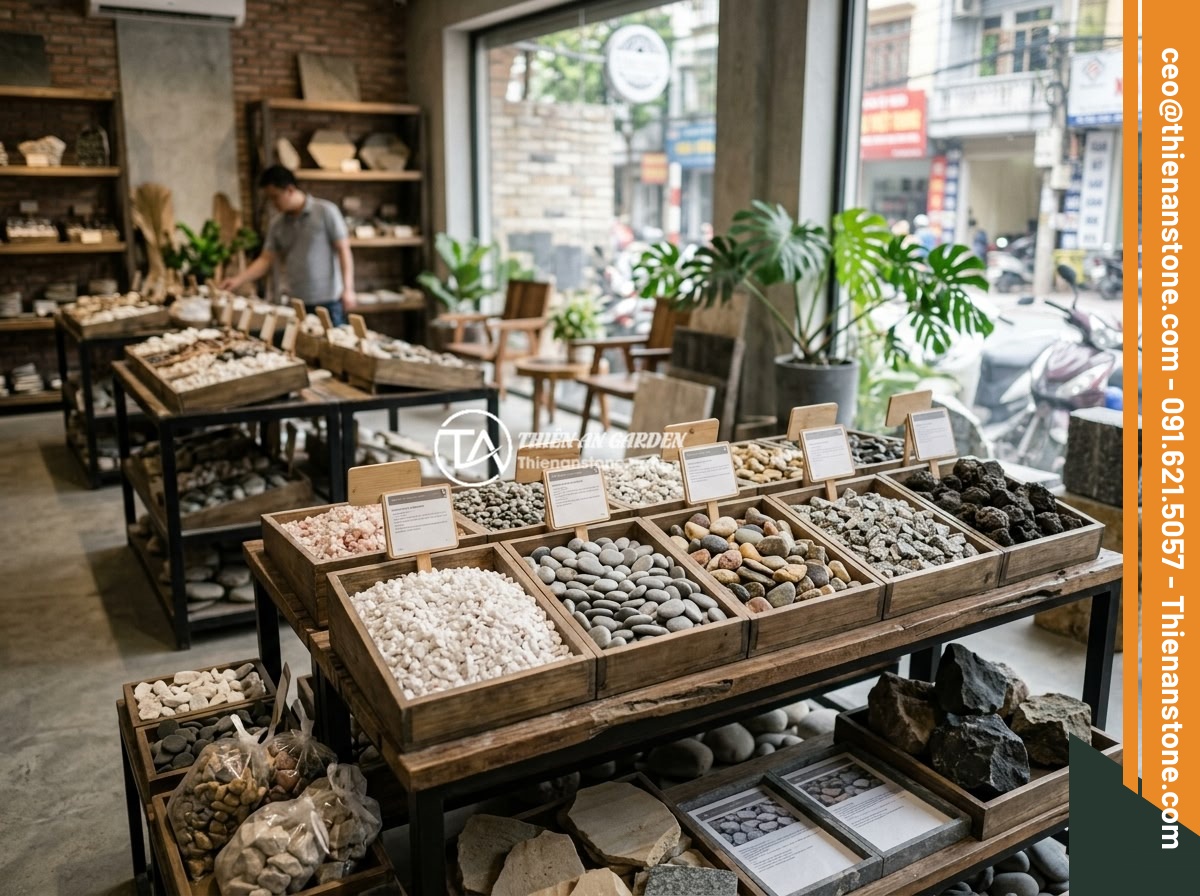 Mua Đá Thạch Anh Vụn Ở Hà Nội Uy Tín - Địa Chỉ Và Giá Tốt Nhất 2026 - Professional showroom interior displaying various types of natural stones includ