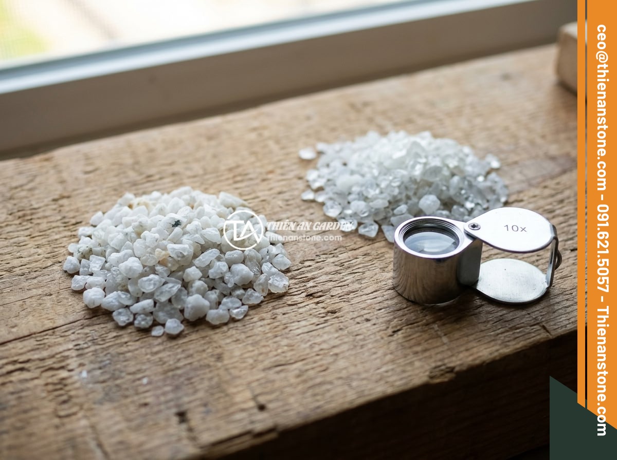 Mua Đá Thạch Anh Vụn Ở Hà Nội Uy Tín - Địa Chỉ Và Giá Tốt Nhất 2026 - Step-by-step visual guide showing how to identify real vs fake crushed quartz st