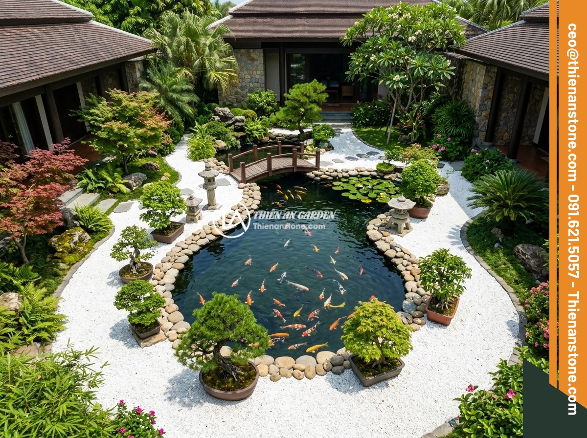 Mua Đá Thạch Anh Vụn Ở Hà Nội Uy Tín - Địa Chỉ Và Giá Tốt Nhất 2026 - Aerial view of a beautifully designed koi pond surrounded by white crushed quart