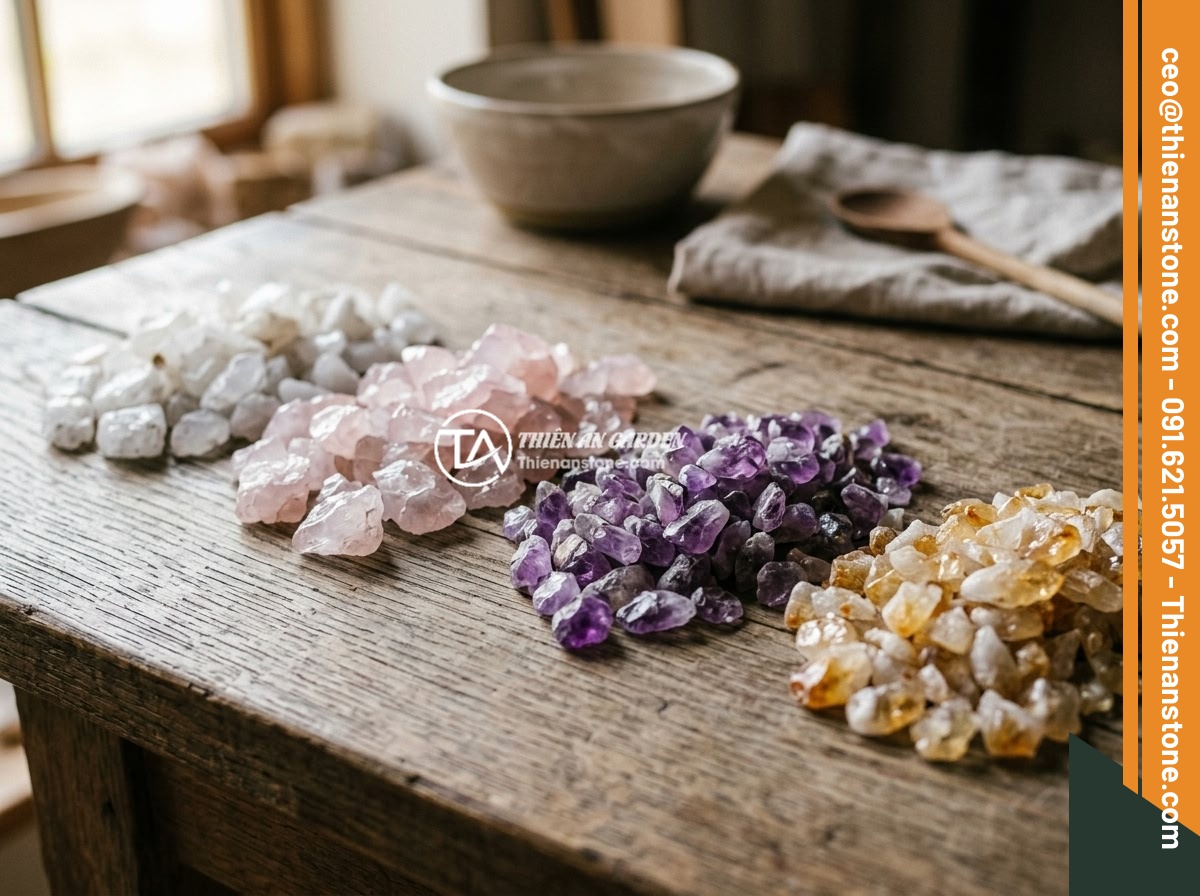 Mua Đá Thạch Anh Vụn Online Hay Trực Tiếp? Ưu Nhược Điểm Và Lời Khuyên - Various types of crushed quartz stones displayed on a wooden table, including wh