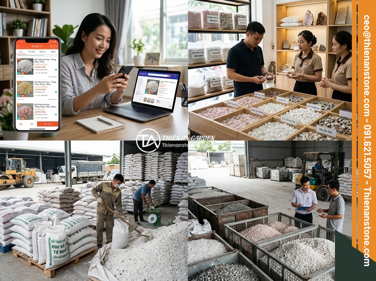Mua Đá Thạch Anh Vụn Online Hay Trực Tiếp? Ưu Nhược Điểm Và Lời Khuyên - Collage showing different purchasing channels for crushed quartz stones includin