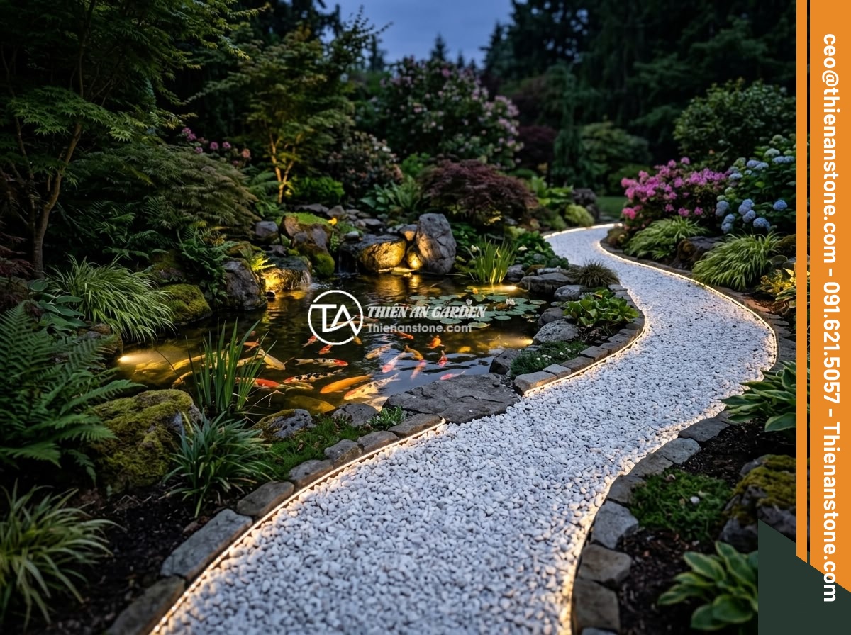 Mua Đá Thạch Anh Vụn Online Hay Trực Tiếp? Ưu Nhược Điểm Và Lời Khuyên - Beautiful garden landscape design featuring crushed white quartz stone pathways 