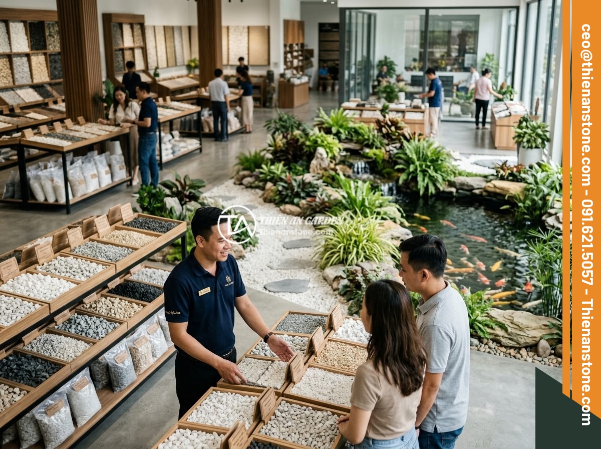 Mua Đá Thạch Anh Vụn Online Hay Trực Tiếp? Ưu Nhược Điểm Và Lời Khuyên - Professional showroom of Thien An Stone company displaying various types of natu