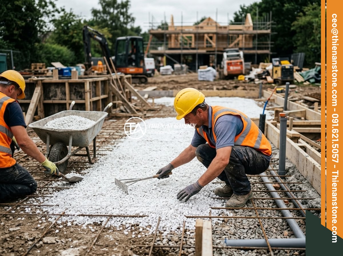 Mua Đá Thạch Anh Vụn Online Hay Trực Tiếp? Ưu Nhược Điểm Và Lời Khuyên - Crushed quartz stones being spread under house foundation for feng shui purposes
