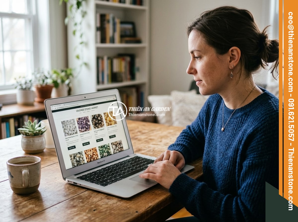 Mua Đá Thạch Anh Vụn Online Hay Trực Tiếp? Ưu Nhược Điểm Và Lời Khuyên - Person browsing a laptop screen showing an online store selling crushed quartz s