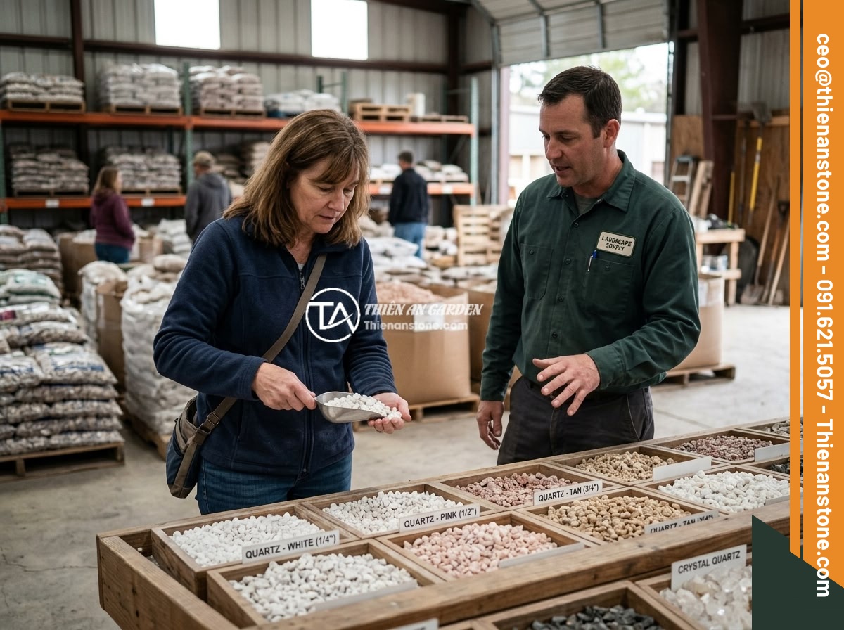 Mua Đá Thạch Anh Vụn Online Hay Trực Tiếp? Ưu Nhược Điểm Và Lời Khuyên - Customer inspecting and selecting crushed quartz stones at a physical store, wit