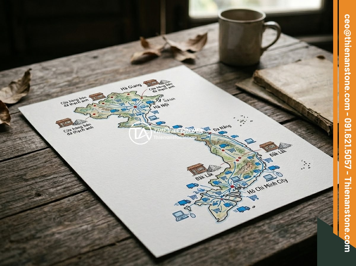 Mua Đá Thạch Anh Vụn Online Hay Trực Tiếp? Ưu Nhược Điểm Và Lời Khuyên - A map illustration showing limited physical stores selling crushed quartz in rur
