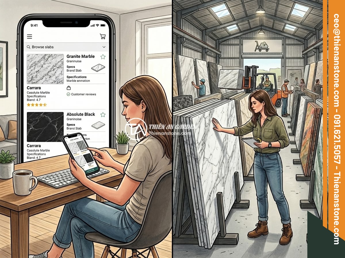 Mua Đá Thạch Anh Vụn Online Hay Trực Tiếp? Ưu Nhược Điểm Và Lời Khuyên - Split-screen illustration comparing online shopping experience on a smartphone v