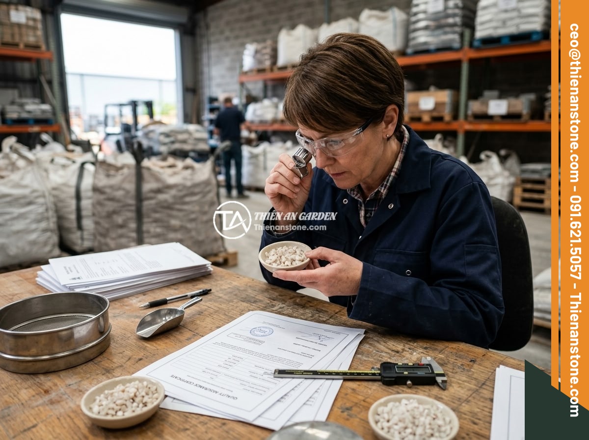 Mua Đá Thạch Anh Vụn Online Hay Trực Tiếp? Ưu Nhược Điểm Và Lời Khuyên - Expert examining crushed quartz stone quality with a magnifying glass at a stone