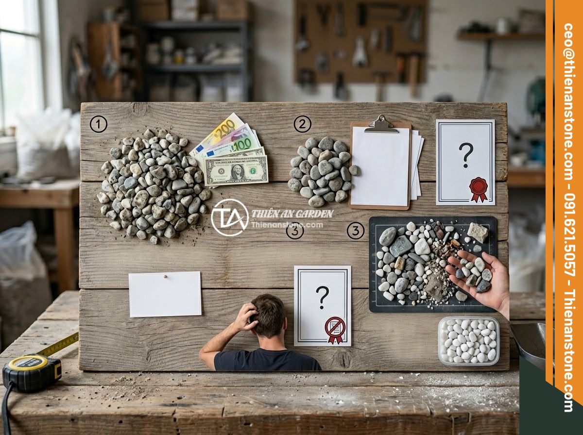 Mua Đá Thạch Anh Vụn Online Hay Trực Tiếp? Ưu Nhược Điểm Và Lời Khuyên - Infographic showing warning signs when buying crushed quartz stones, including u
