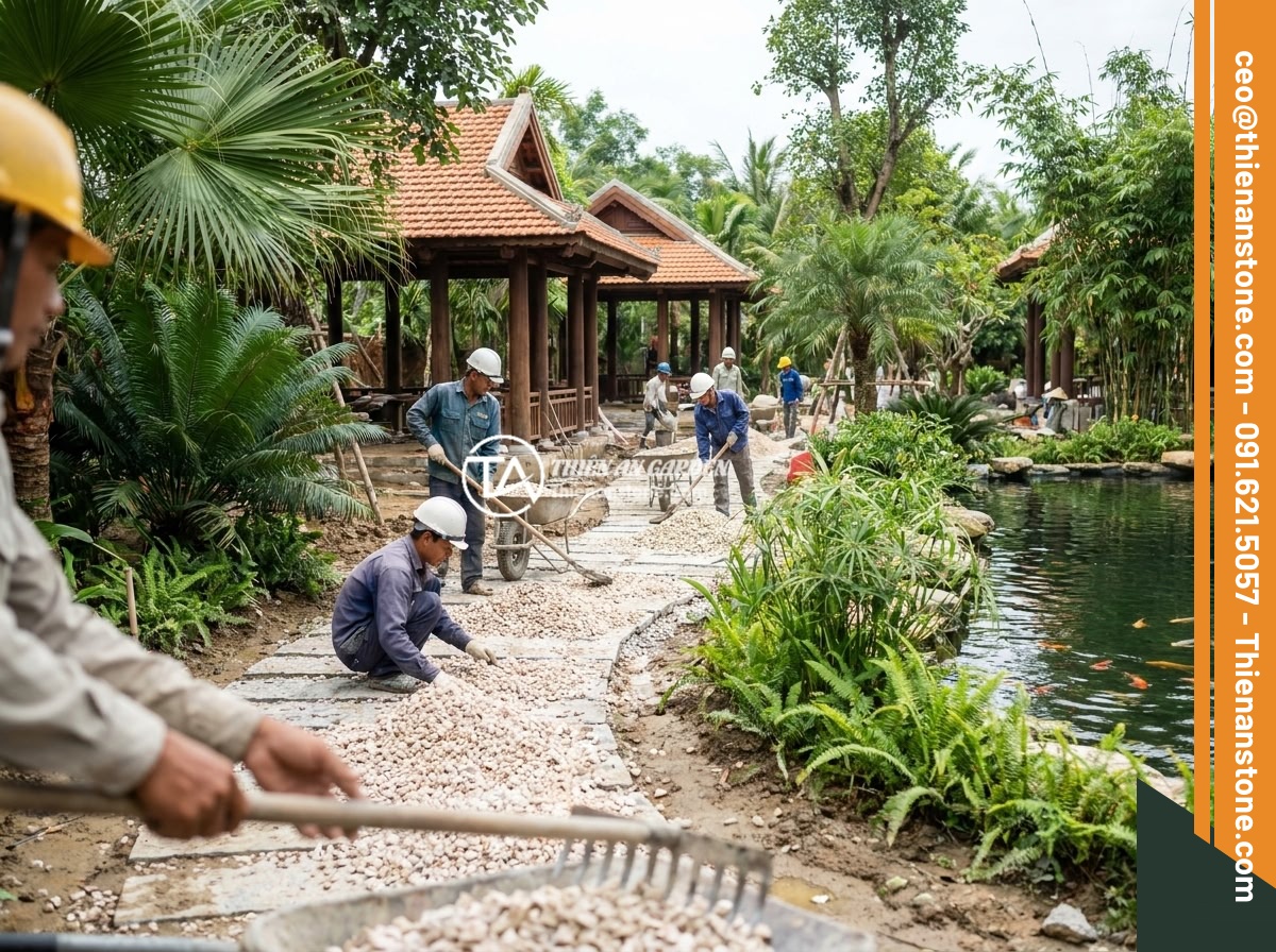 Mua Đá Thạch Anh Vụn Số Lượng Lớn Cho Công Trình - Báo Giá Sỉ Tốt Nhất 2026 - Hình 1 Mua Đá Thạch Anh Vụn Số Lượng Lớn Cho Công Trình - Báo Giá Sỉ Tốt Nhất 2026 - Large construction site with workers spreading crushed quartz stones on garden p