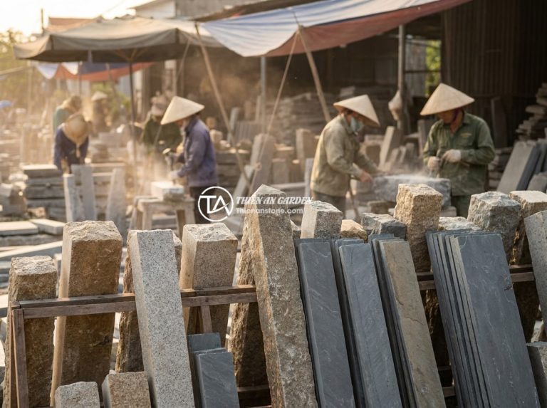 Những Sai Lầm Khi Mua Trụ Đá Hàng Rào Rẻ Và Cách Tránh - Wide panoramic view of a Vietnamese stone fence post market with various types o
