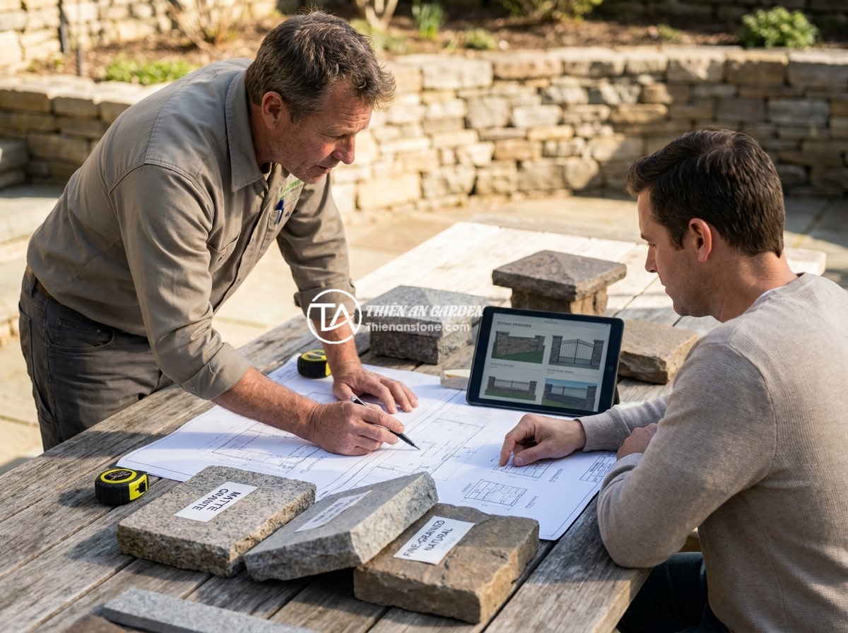 Những Sai Lầm Khi Mua Trụ Đá Hàng Rào Rẻ Và Cách Tránh - Professional consultation meeting between stone landscape expert and homeowner r