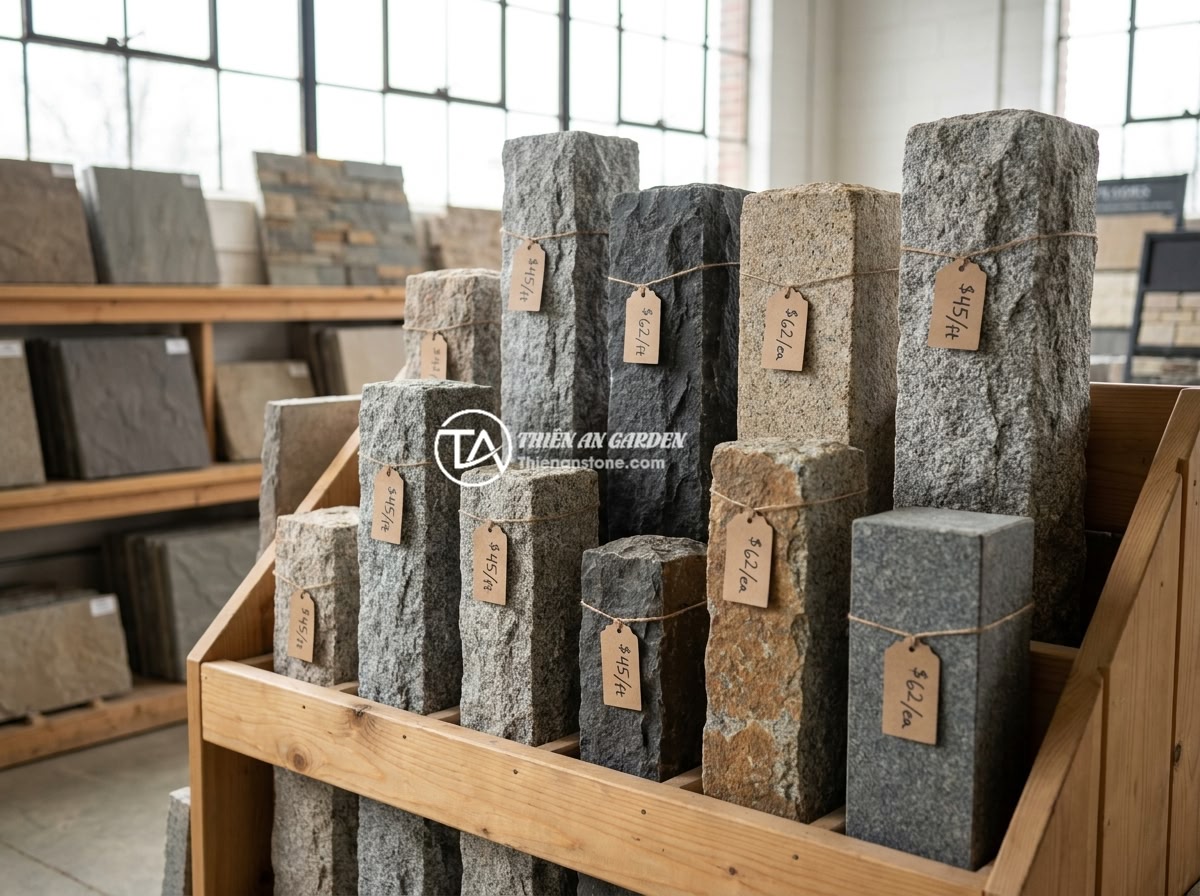 Những Sai Lầm Khi Mua Trụ Đá Hàng Rào Rẻ Và Cách Tránh - Organized display of various natural stone fence post samples with price tags in