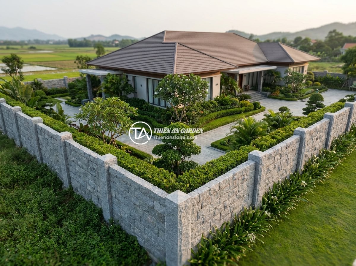 Những Sai Lầm Khi Mua Trụ Đá Hàng Rào Rẻ Và Cách Tránh - Completed beautiful natural stone fence with perfectly aligned high-quality ston