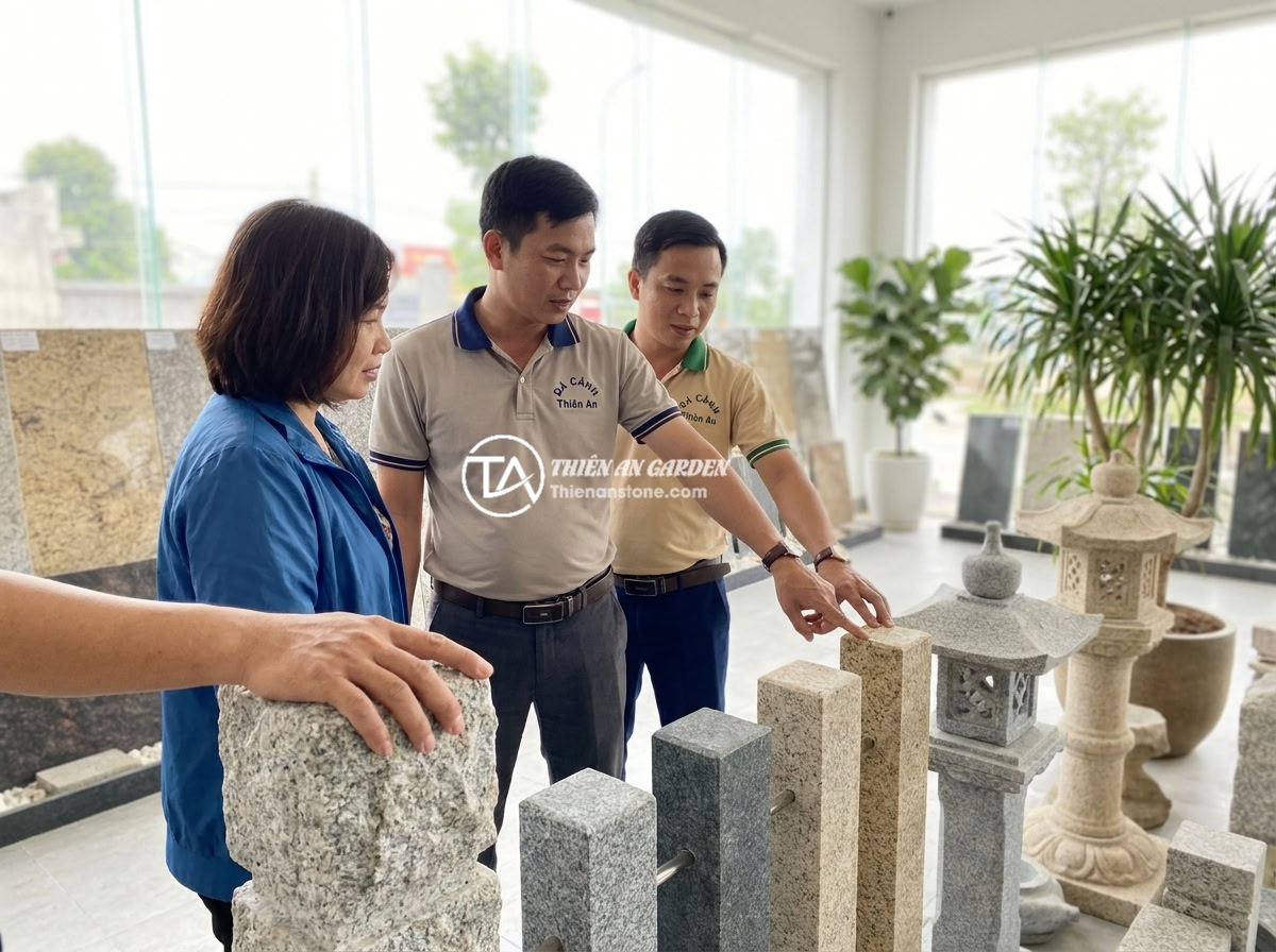 Những Sai Lầm Khi Mua Trụ Đá Hàng Rào Rẻ Và Cách Tránh - Đá Cảnh Thiên An professional team consulting with customer at stone showroom, n