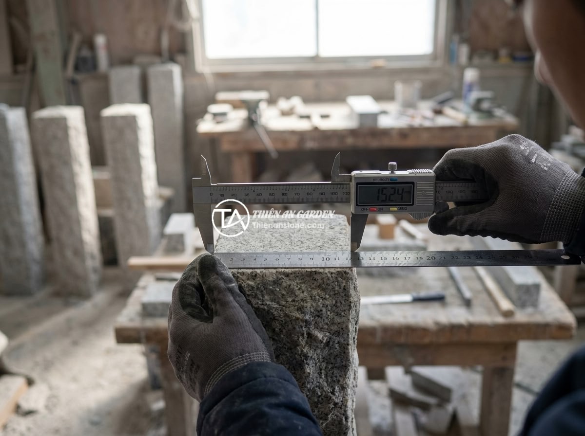 Những Sai Lầm Khi Mua Trụ Đá Hàng Rào Rẻ Và Cách Tránh - Technical measurement of stone fence post dimensions with ruler and caliper show