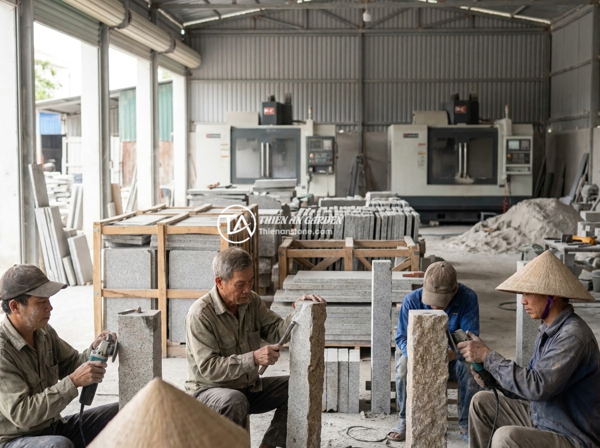 Những Sai Lầm Khi Mua Trụ Đá Hàng Rào Rẻ Và Cách Tránh - Vietnamese stone carving workshop with skilled artisans working on natural stone