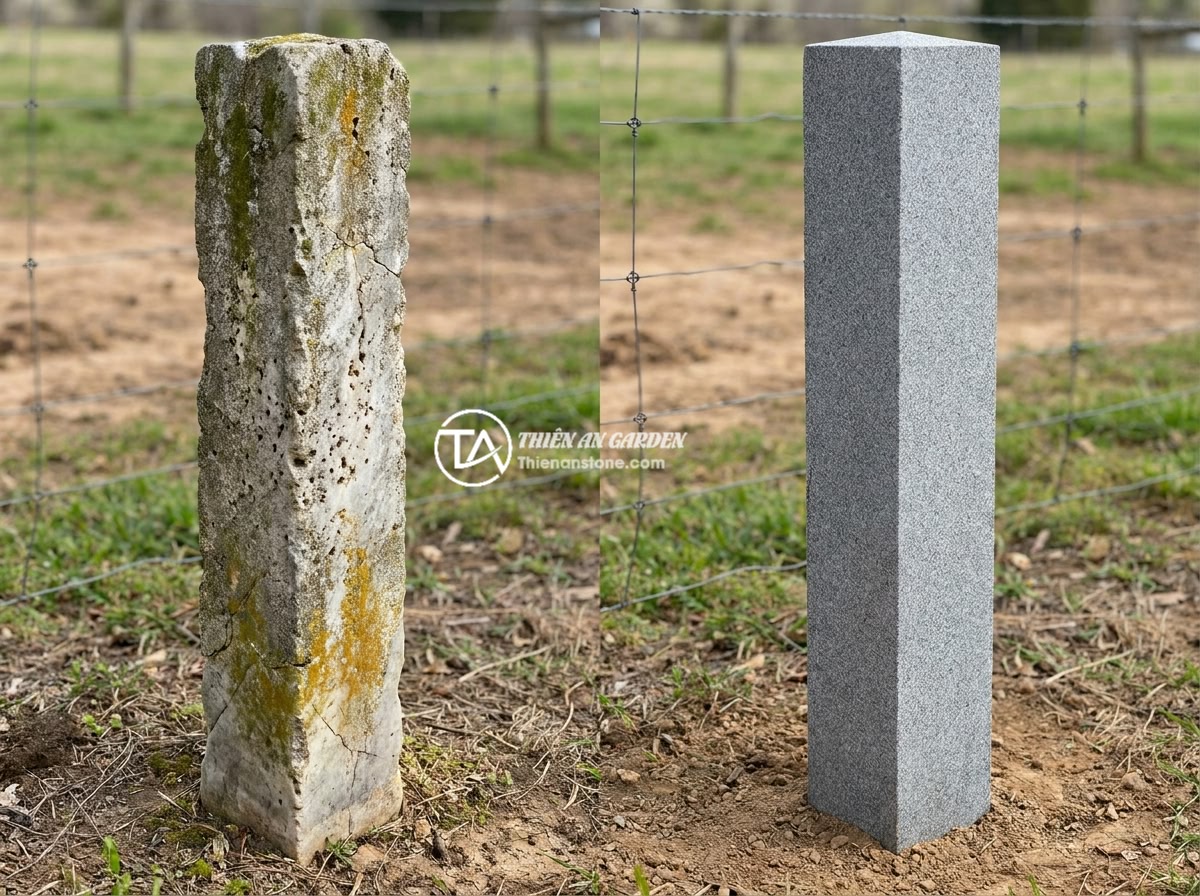 Những Sai Lầm Khi Mua Trụ Đá Hàng Rào Rẻ Và Cách Tránh - Side by side comparison of weathered marble stone fence post with moss and yello