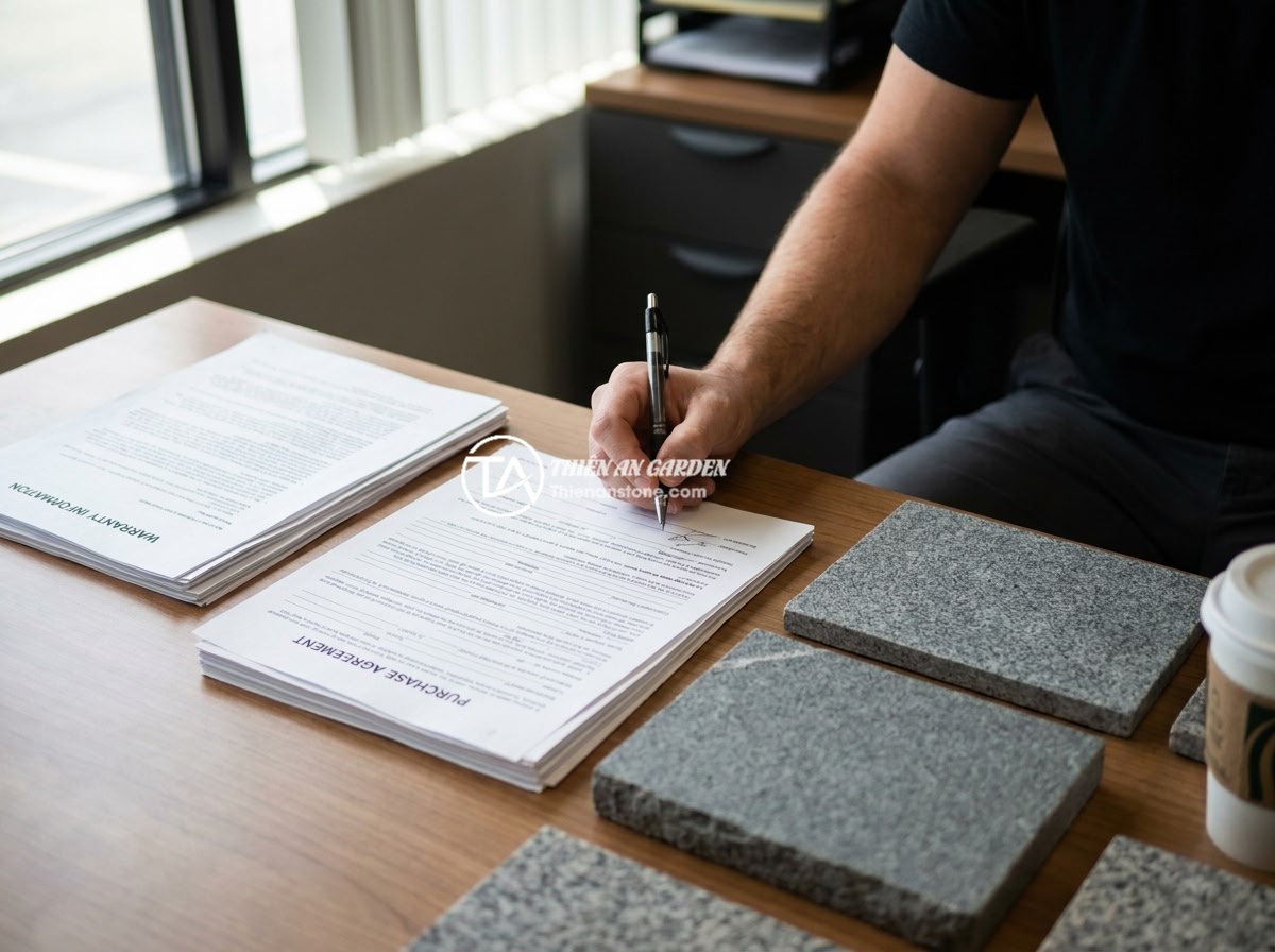 Những Sai Lầm Khi Mua Trụ Đá Hàng Rào Rẻ Và Cách Tránh - Customer signing a detailed purchase contract for stone fence posts with warrant