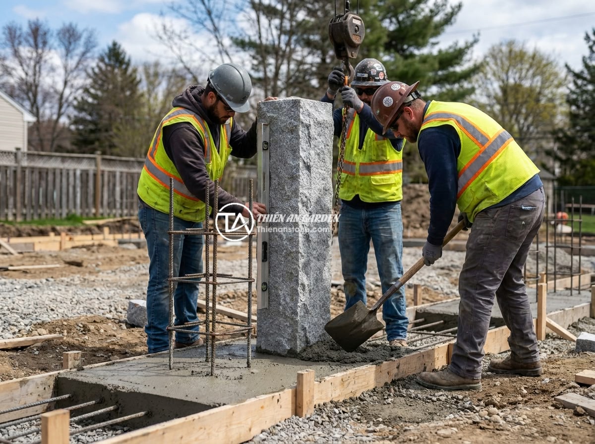 Những Sai Lầm Khi Mua Trụ Đá Hàng Rào Rẻ Và Cách Tránh - Professional installation team working on setting natural stone fence posts into