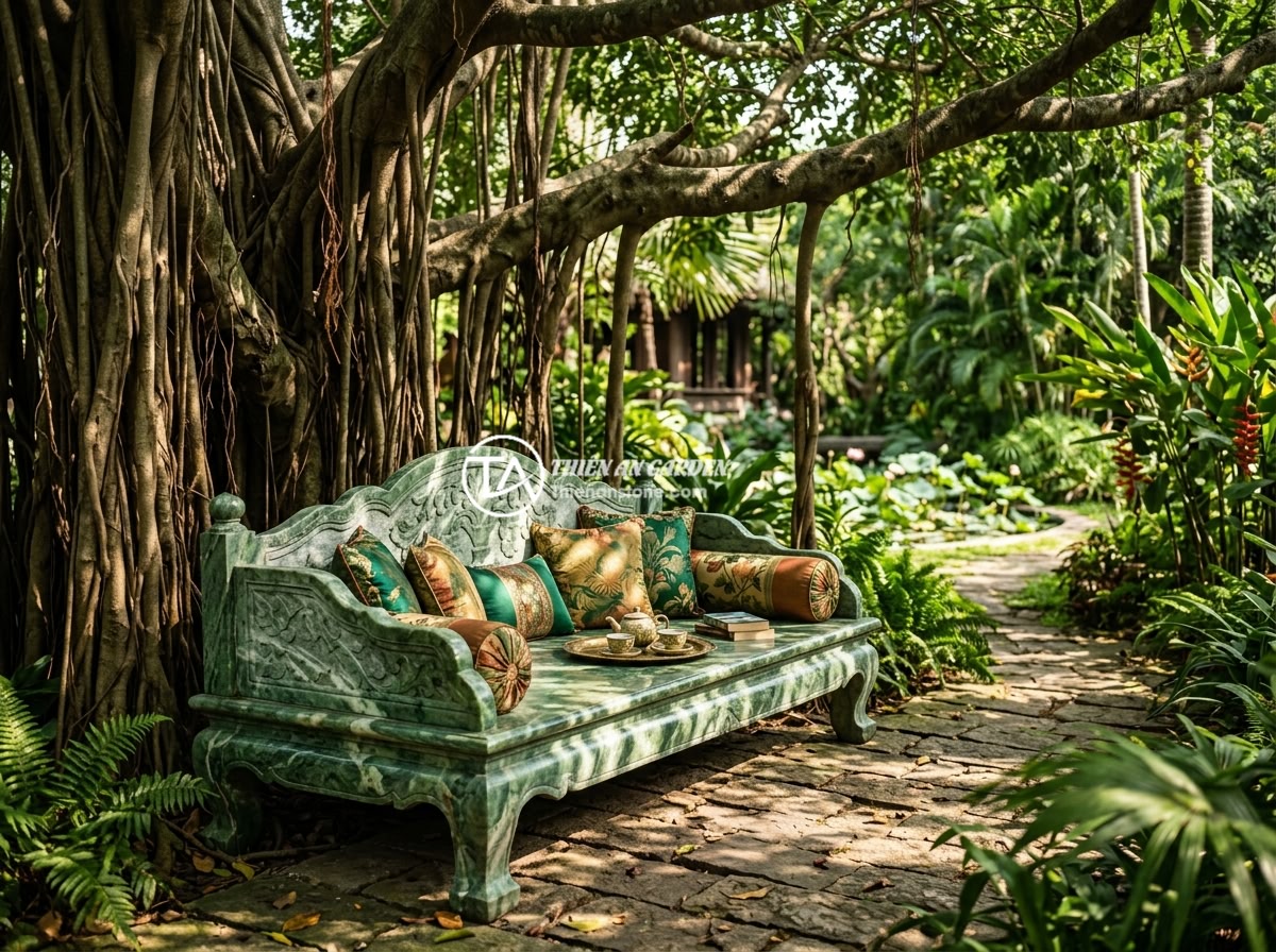 Phản đá xanh ấn độ - A large Indian green stone daybed bench placed under an ancient banyan tree in a