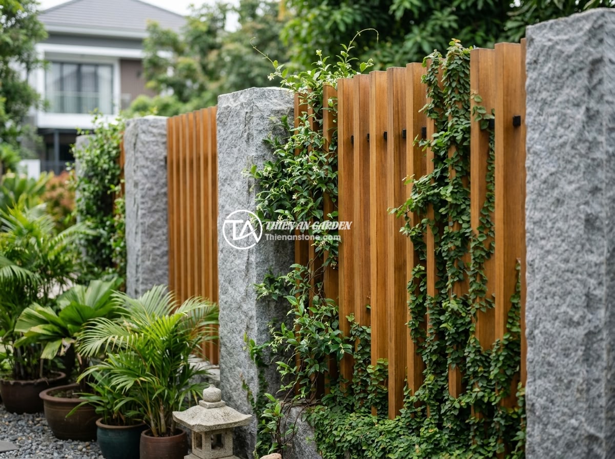Review Top Nhà Cung Cấp Trụ Đá Hàng Rào Uy Tín Tại Miền Bắc - A modern fence design combining natural stone pillars with vertical wooden slats
