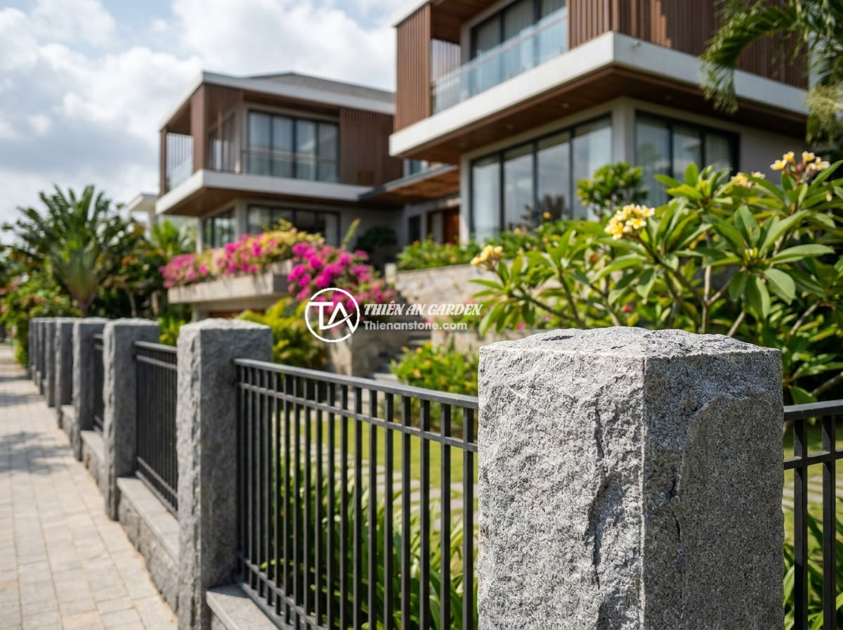 Review Top Nhà Cung Cấp Trụ Đá Hàng Rào Uy Tín Tại Miền Bắc - A completed beautiful stone pillar fence project with iron railings in front of 