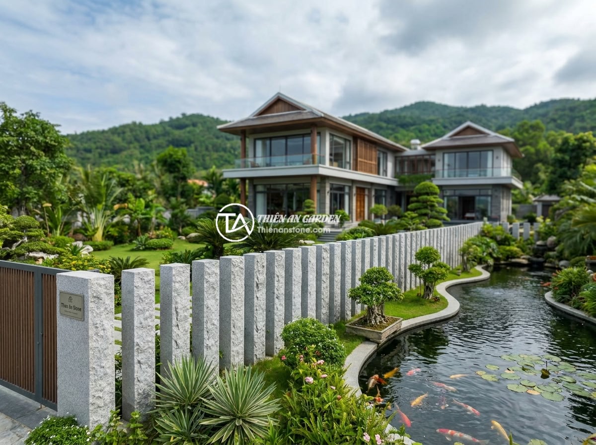 Review Top Nhà Cung Cấp Trụ Đá Hàng Rào Uy Tín Tại Miền Bắc - Panoramic view of a luxurious Vietnamese villa with a beautiful natural stone pi