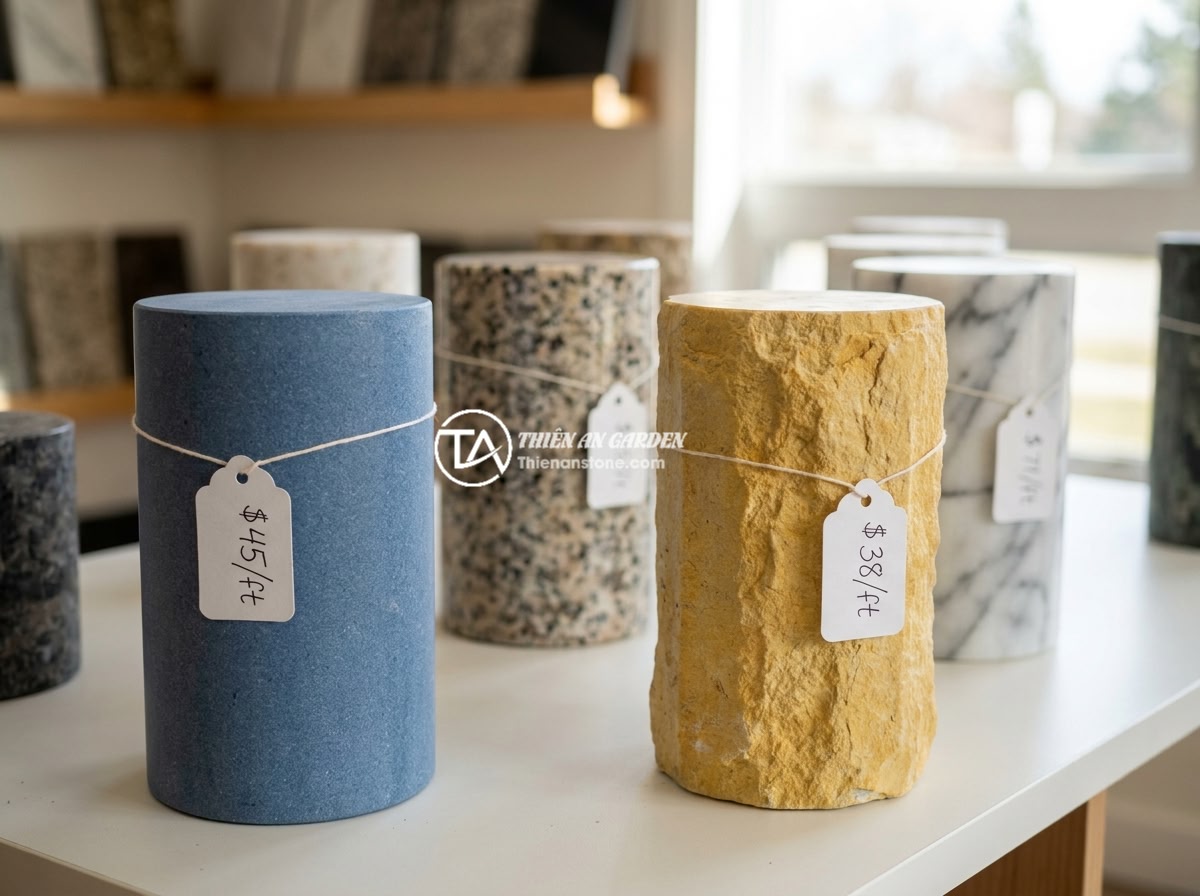 Review Top Nhà Cung Cấp Trụ Đá Hàng Rào Uy Tín Tại Miền Bắc - Various types of natural stone pillar samples displayed in a showroom including 