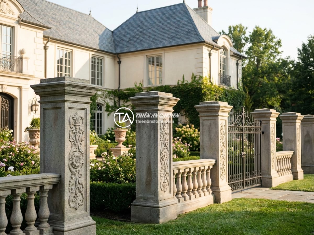 Review Top Nhà Cung Cấp Trụ Đá Hàng Rào Uy Tín Tại Miền Bắc - A row of beautifully carved round stone pillars in European classical style form
