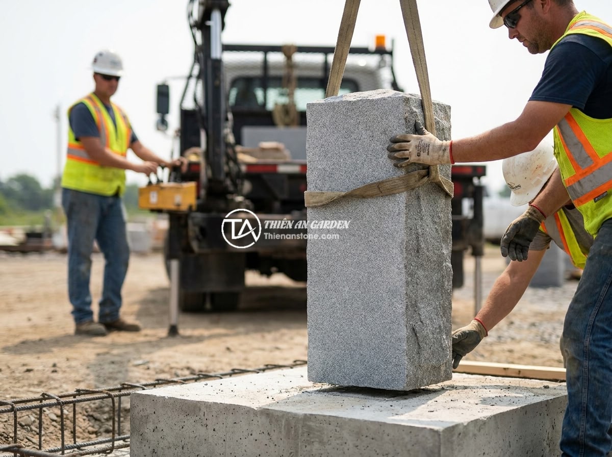 Review Top Nhà Cung Cấp Trụ Đá Hàng Rào Uy Tín Tại Miền Bắc - Professional workers carefully installing a large natural stone pillar onto a co
