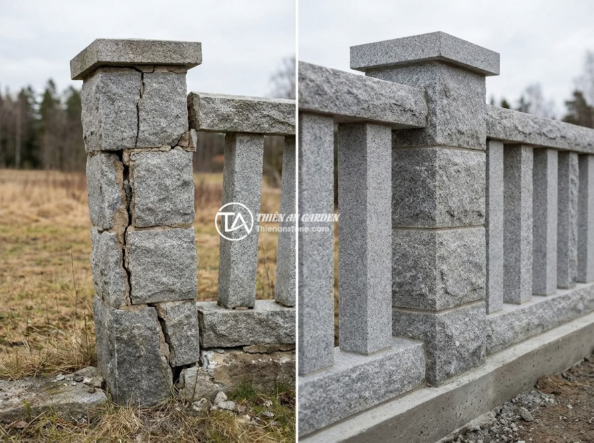 Review Top Nhà Cung Cấp Trụ Đá Hàng Rào Uy Tín Tại Miền Bắc - Comparison photo showing a cracked damaged stone pillar fence due to poor founda