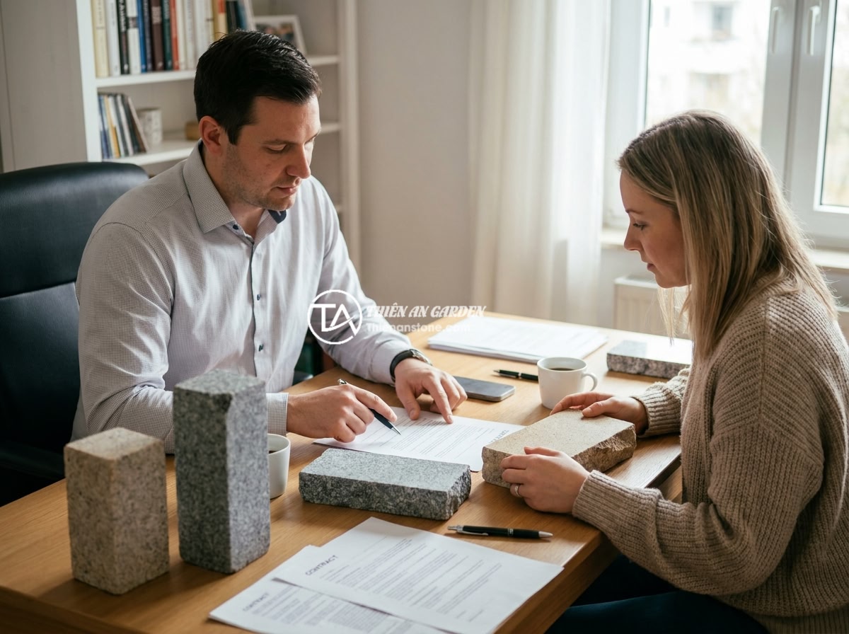 Review Top Nhà Cung Cấp Trụ Đá Hàng Rào Uy Tín Tại Miền Bắc - A business meeting between a stone supplier representative and a homeowner revie