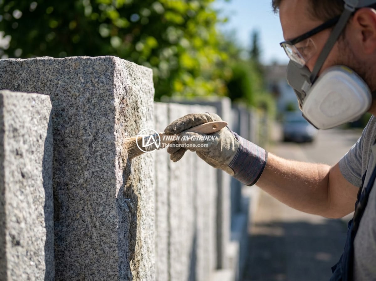 Review Top Nhà Cung Cấp Trụ Đá Hàng Rào Uy Tín Tại Miền Bắc - A person applying waterproof sealant coating on a natural stone pillar fence usi