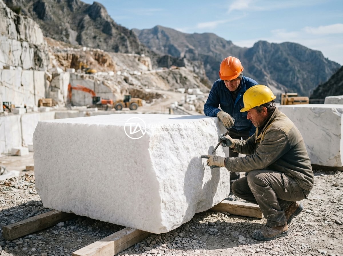Sập đá cẩm thạch trắng - A large raw white marble block being carefully selected and inspected at a quarr