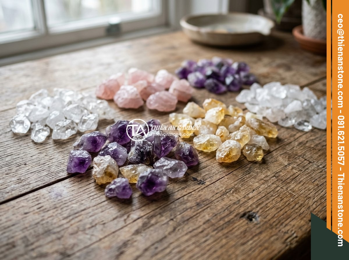 Tác Dụng Thực Sự Của Đá Thạch Anh Vụn Trong Phong Thủy Nhà Ở - Various types of crushed quartz stones in different colors including clear white