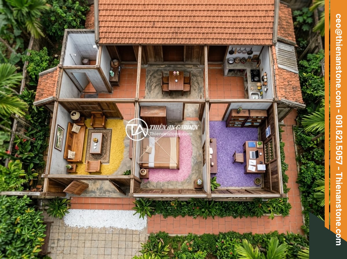 Tác Dụng Thực Sự Của Đá Thạch Anh Vụn Trong Phong Thủy Nhà Ở - An overhead view of a complete Vietnamese home layout showing strategic placemen