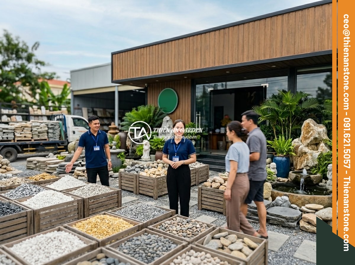 Tác Dụng Thực Sự Của Đá Thạch Anh Vụn Trong Phong Thủy Nhà Ở - The exterior of Da Canh Thien An natural stone showroom displaying a wide variet