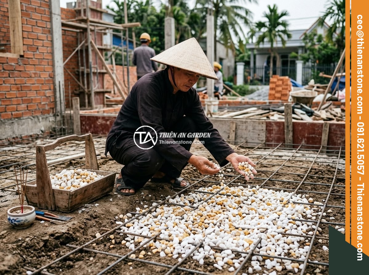 Tác Dụng Thực Sự Của Đá Thạch Anh Vụn Trong Phong Thủy Nhà Ở - A feng shui master placing crushed quartz crystals under the foundation of a Vie