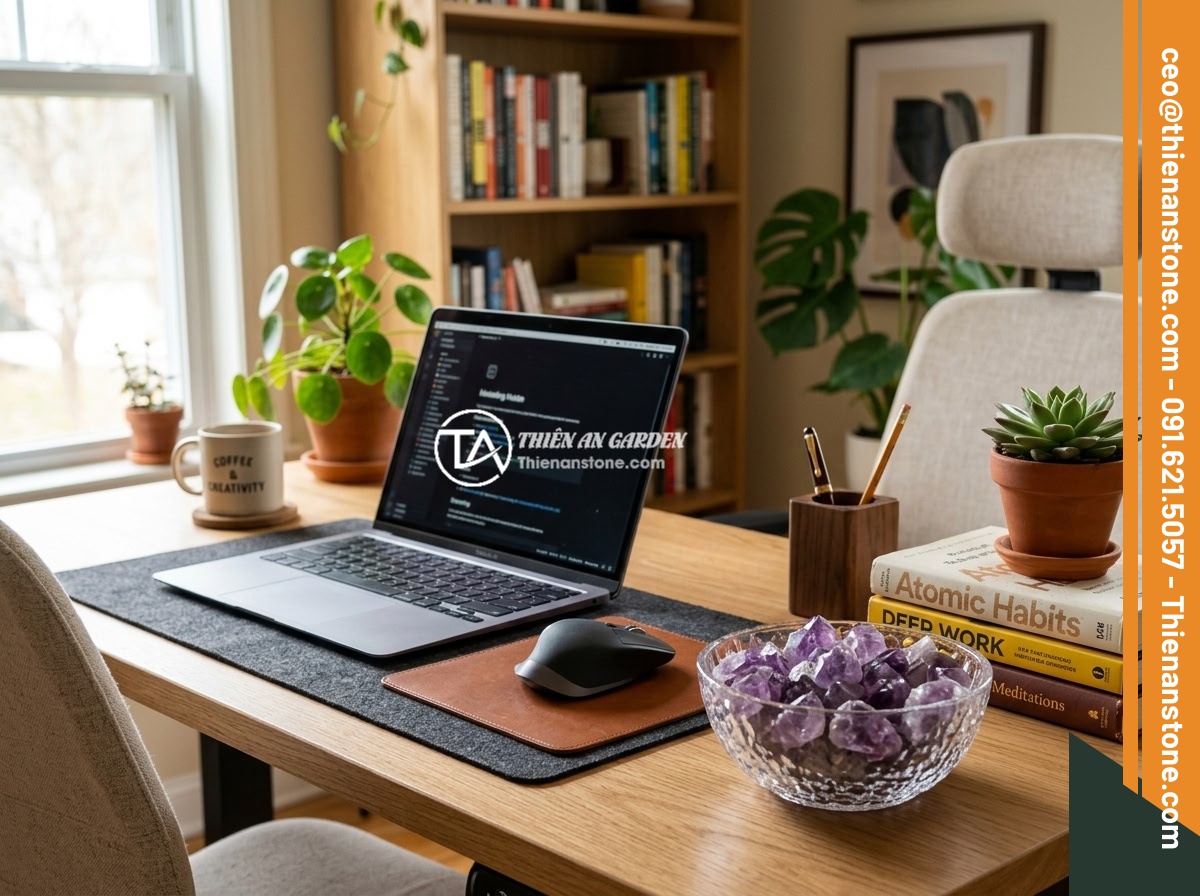 Tác Dụng Thực Sự Của Đá Thạch Anh Vụn Trong Phong Thủy Nhà Ở - A beautifully arranged home office desk with a glass bowl of purple amethyst cru