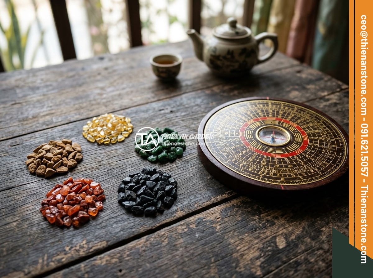 Tác Dụng Thực Sự Của Đá Thạch Anh Vụn Trong Phong Thủy Nhà Ở - A feng shui compass (luopan) placed next to five different colored crushed quart