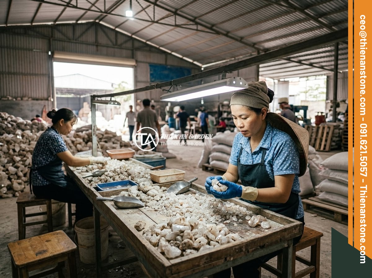 Tác Dụng Thực Sự Của Đá Thạch Anh Vụn Trong Phong Thủy Nhà Ở - A quality inspection process of natural crushed quartz stones at a Vietnamese st