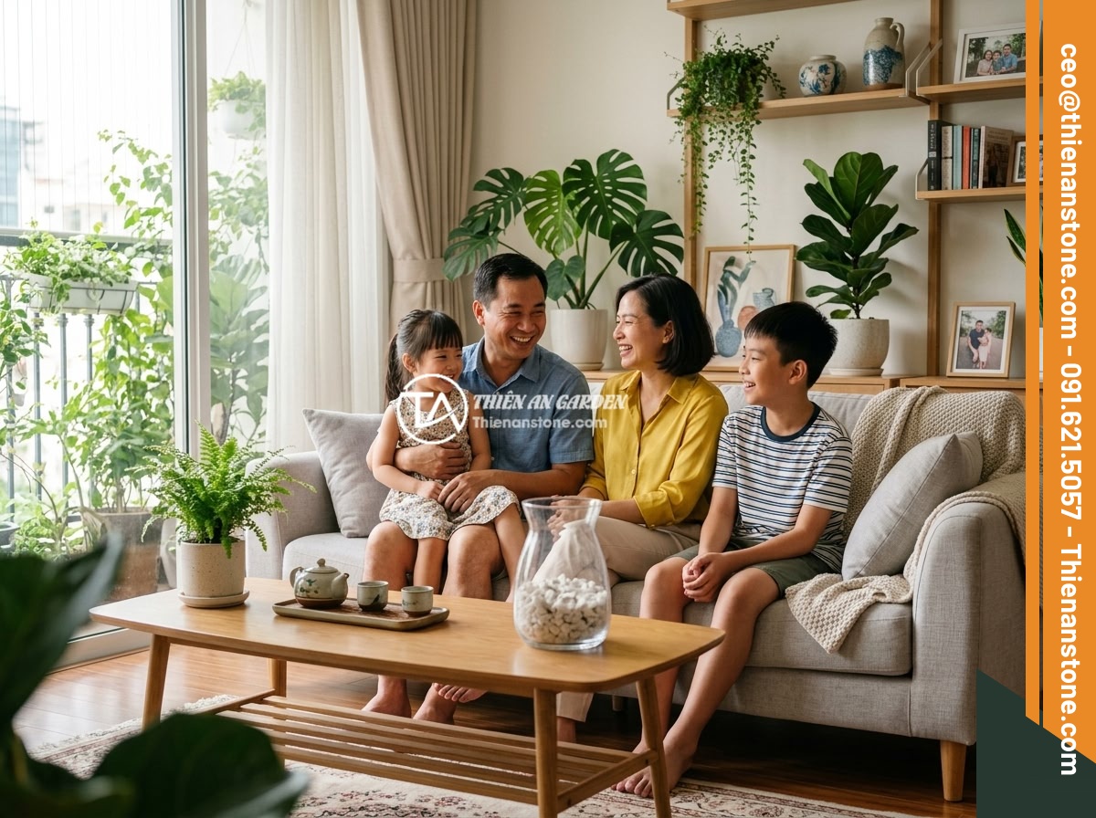 Tác Dụng Thực Sự Của Đá Thạch Anh Vụn Trong Phong Thủy Nhà Ở - A Vietnamese family happily sitting in their renovated living room with visible 