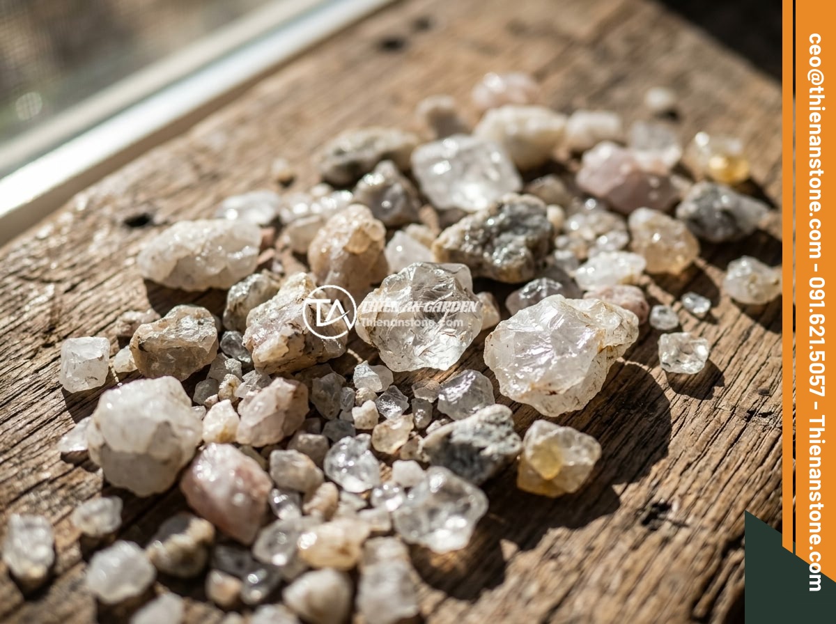 Thạch Anh Vụn Dùng Để Làm Gì? 8 Ứng Dụng Thực Tế Bạn Nên Biết - Close-up view of natural crushed quartz stones in various sizes and colors, disp