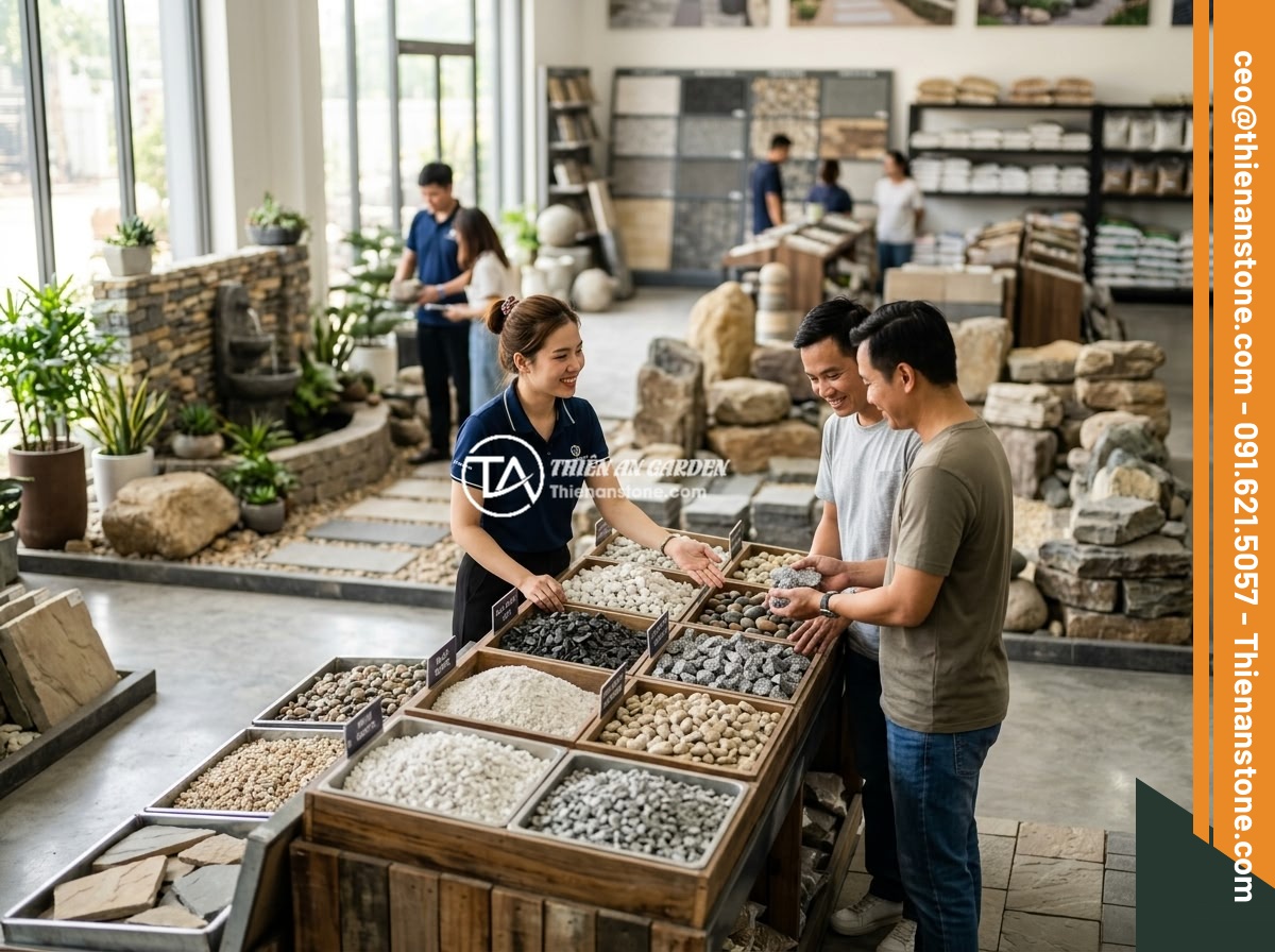 Thạch Anh Vụn Dùng Để Làm Gì? 8 Ứng Dụng Thực Tế Bạn Nên Biết - Hình 13 Thạch Anh Vụn Dùng Để Làm Gì? 8 Ứng Dụng Thực Tế Bạn Nên Biết - Professional stone landscaping showroom of Da Canh Thien An displaying various t