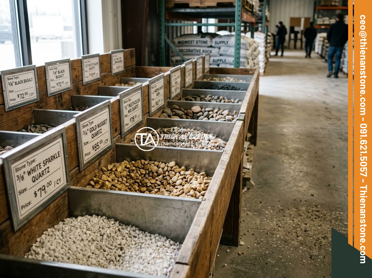 Thạch Anh Vụn Giá Rẻ Có Đáng Mua Không? Đánh Giá Chất Lượng Thực Tế - Hình 6 Thạch Anh Vụn Giá Rẻ Có Đáng Mua Không? Đánh Giá Chất Lượng Thực Tế - A professional stone supplier showroom displaying various types of crushed quart