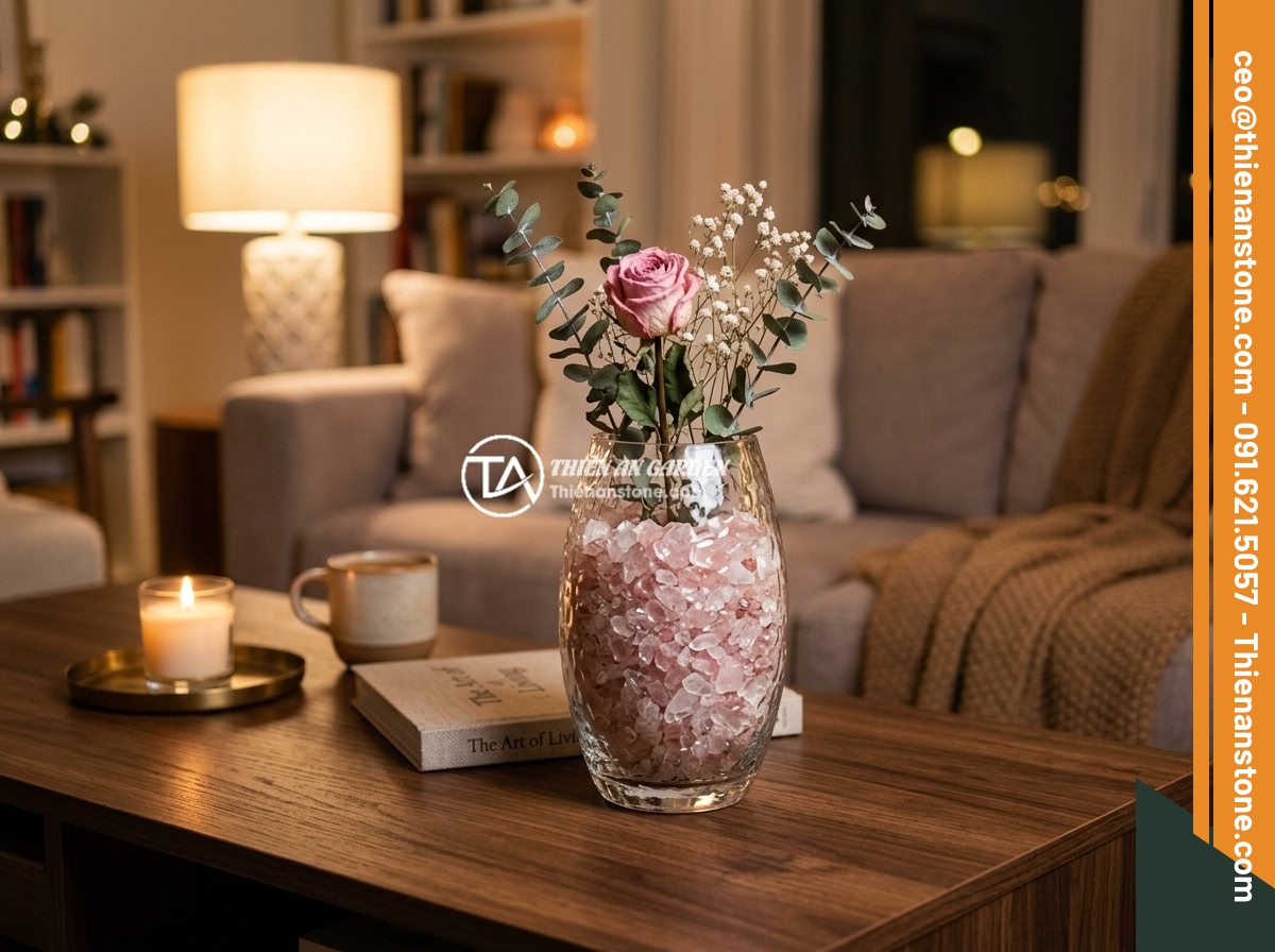 Thạch Anh Vụn Giá Rẻ Có Đáng Mua Không? Đánh Giá Chất Lượng Thực Tế - Hình 9 Thạch Anh Vụn Giá Rẻ Có Đáng Mua Không? Đánh Giá Chất Lượng Thực Tế - Elegant indoor decoration using crushed rose quartz in a clear glass vase as cen