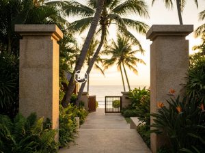 Trụ Đá Hàng Rào Cho Khu Nghỉ Dưỡng Và Sân Vườn Resort - Luxurious natural stone fence pillars at a tropical beachside resort entrance, s